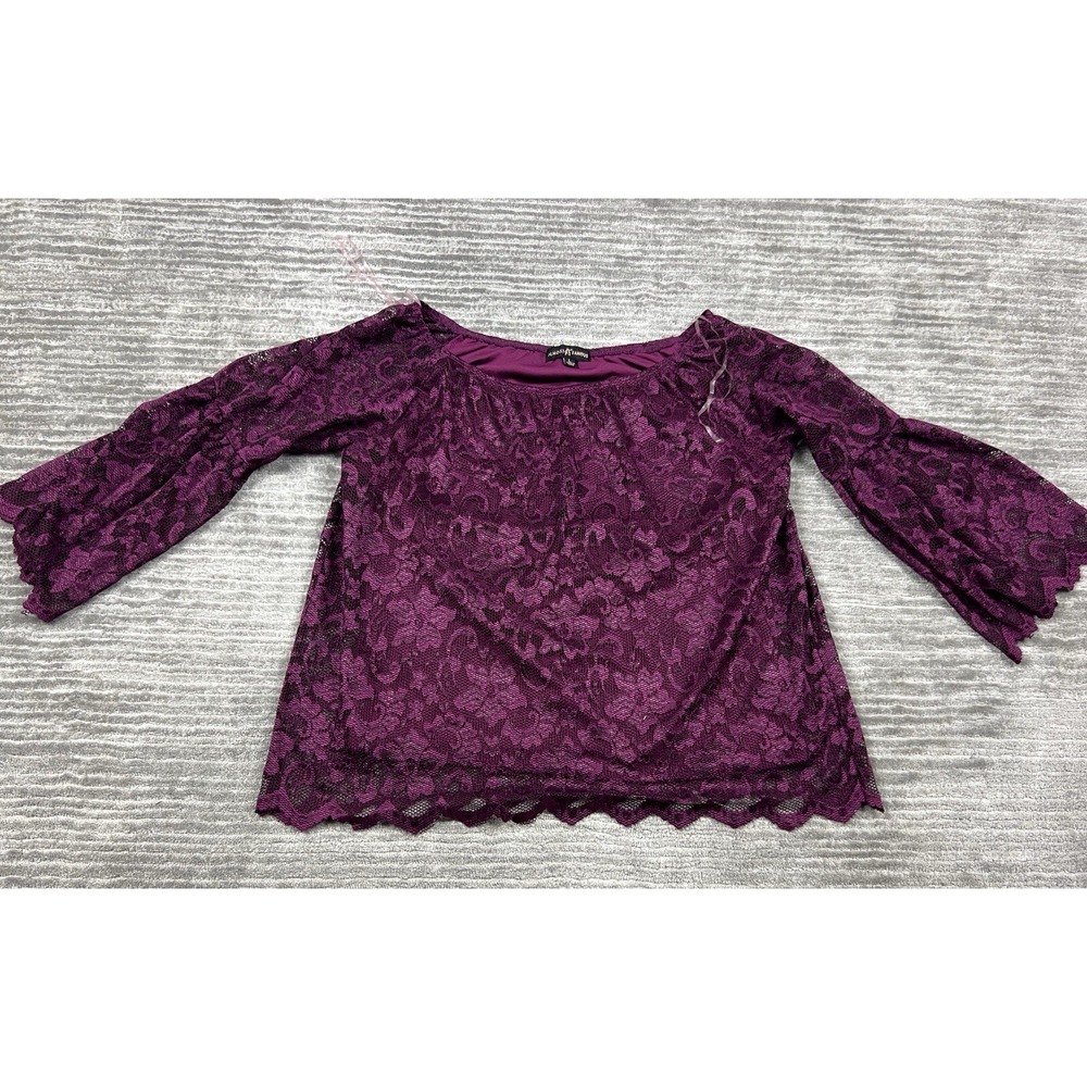 Almost Famous Blouse Womens L Purple Floral Lace Bell Sleeve Scalloped Hem Top